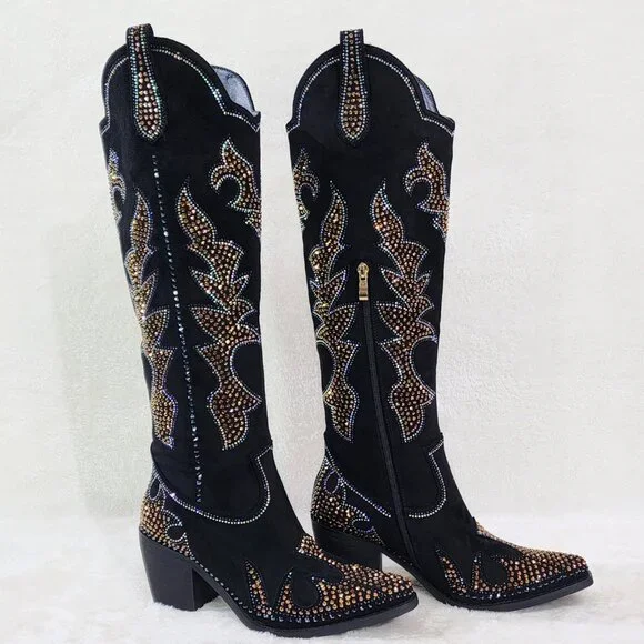 Sparks Country Western Cowgirl Knee Boots Dazzleing Iridescent Rhinestones Black